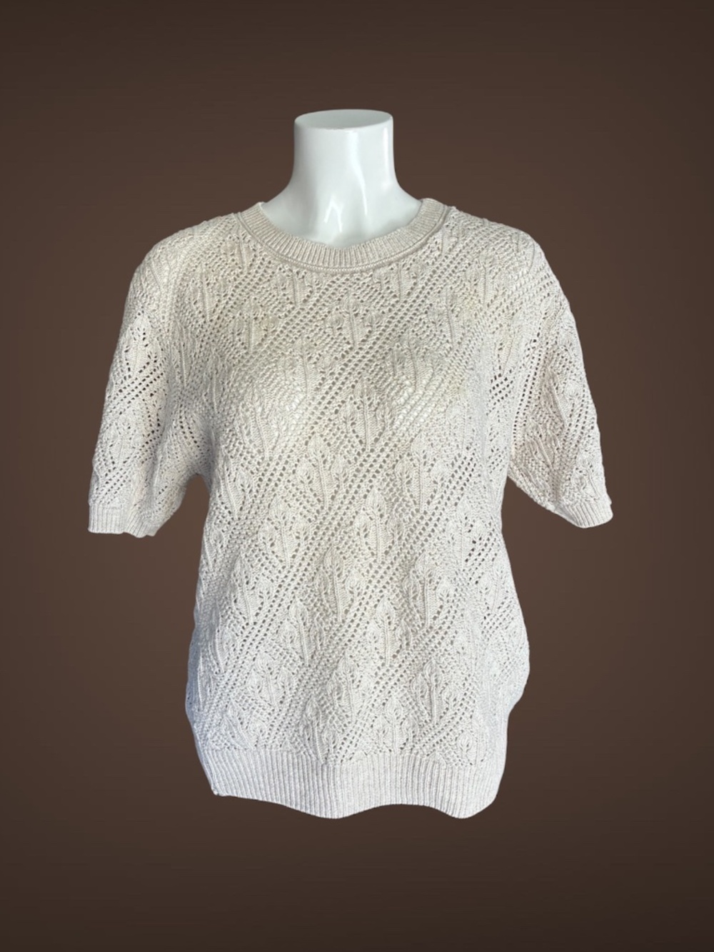 Women's Short Sleeve Cream Sweater Top, Crochet, Round Neckline, Size Petite Med